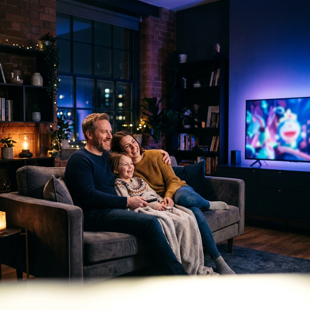 Family watching Flixaria IPTV on TV