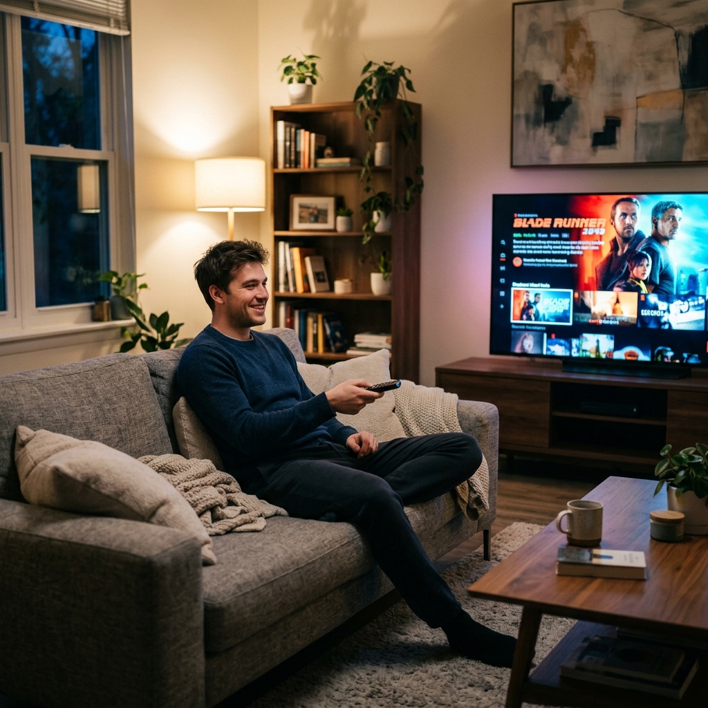 Man choosing a Flixaria plan on TV